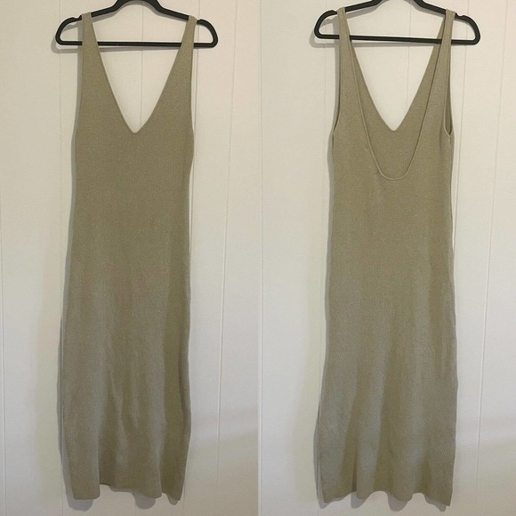 Free People Beach Daniela Ribbed Knit Midi Dress Size M Deep V Neck Beige Tan - Picture 2 of 13